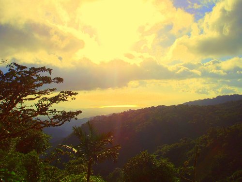 sunshine through clouds over tree and forested hill